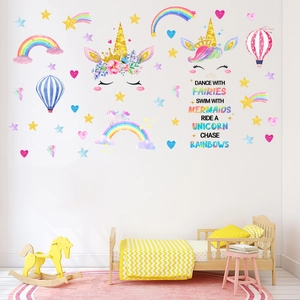 Unicorn and rainbow wall stickers for kids' room with hot air balloons and gold glitter details