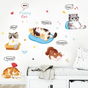 Cartoon cat wall stickers for bedroom with funny feline illustrations and decor elements