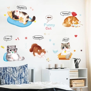 Cartoon cute cat wall stickers for bedroom home decor featuring funny feline patterns