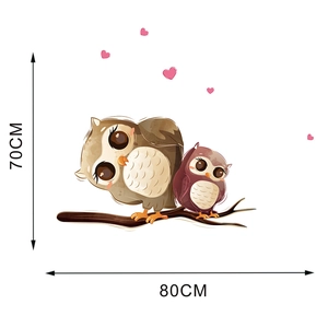 Cartoon owl wall sticker on branch with pink hearts showing 70cm by 80cm dimensions