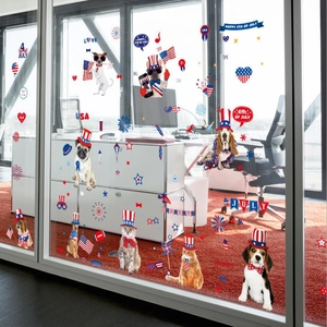 Patriotic 4th of July window clings with American flag and dog patterns on office glass