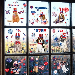 Independence Day Window Clings Patriotic PVC Static Cling Decals For Glass Window Door American Flag Dog Cat Stickers
