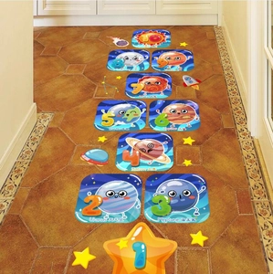 Detail view of solar system hopscotch floor decals for kids bedroom hallway decor