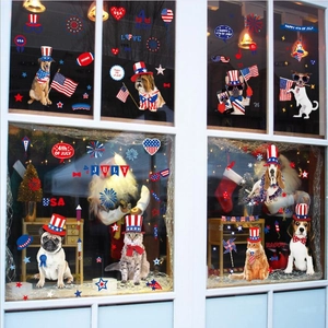 Detail of 4th of July window clings with patriotic dog patterns and USA flags