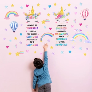 Unicorn rainbow wall stickers for kids room decor with hot air balloons and stars