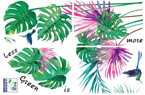 Tropical green Monstera leaves and hummingbird wall stickers with water color design