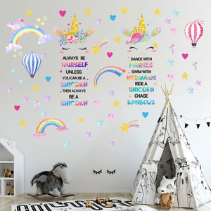 Unicorn and rainbow wall sticker set in a cozy kid's room with hot air balloons