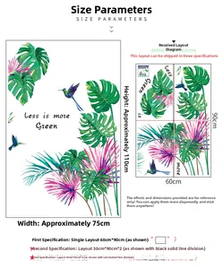 Detailed size guide for tropical green plant wall sticker with monstera leaves and hummingbird