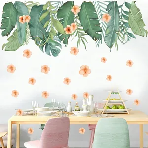 Stickers Muraux Feuilles Vertes Tropicales Monstera Feuille de Bananier Fleurs Oranges PVC Imperméable Amovible DIY Décalcomanie Décoration Maison pour Salon Chambre