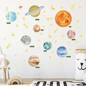 Luminous solar system wall decals with planets and stars for kids room decor