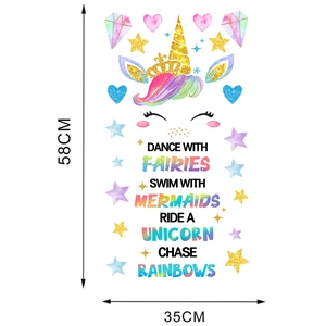 Detailed 58x35cm unicorn wall sticker layout with stars and decorative heart elements