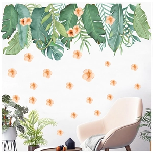 Stickers muraux avec feuilles tropicales et fleurs pour décoration de salon moderne