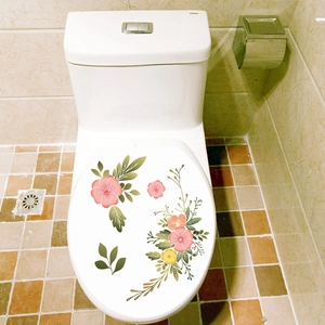 Détails de stickers de toilette imperméables avec motifs de fleurs roses et oranges
