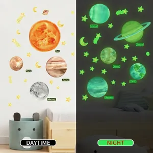 Luminous solar system wall stickers showing daytime and green glowing night effects