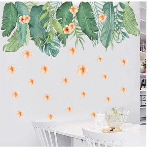 Stickers muraux feuilles tropicales vertes et fleurs oranges pour salon et chambre à coucher