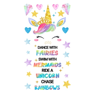 Close-up of rainbow unicorn wall decals with glitter gold crown and inspirational text