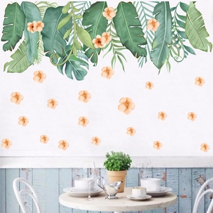 Stickers muraux feuilles tropicales vertes et fleurs orange pour décor de salon