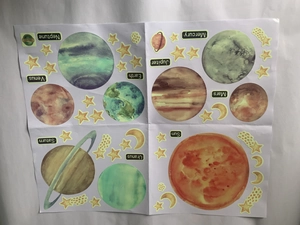 Detail of watercolor solar system wall stickers with planets and English labels