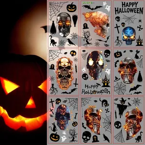 9 Sheets Halloween Static Window Clings Flame Skull Pumpkin Bat Ghost Spider Web Stickers For Glass Window Holiday Decorations