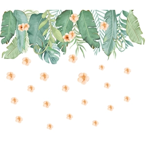 Sticker mural aquarelle avec feuilles tropicales vertes et fleurs orange décor