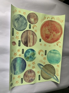 Detailed view of solar system wall decals with planets and English labels on white backing