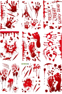 9-sheet Halloween window cling set featuring bloody handprints, skull and scary stickers