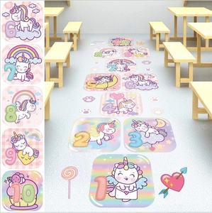 Detailed view of unicorn hopscotch floor decals with colorful numbers 1-10 for kids