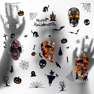 Halloween static stickers featuring skulls, pumpkins and bats on a frosted window glass