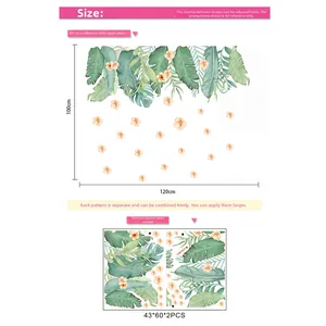 Autocollant mural feuilles tropicales et fleurs avec schéma de dimensions DIY 120x100cm