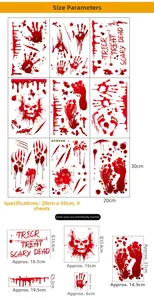 Size chart showing 20x30cm Halloween bloody static stickers with skull and handprint decals