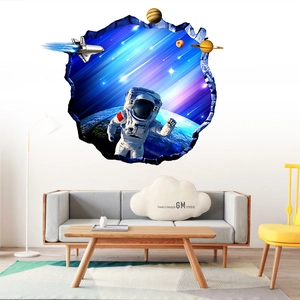 3D outer space wall sticker featuring astronauts and planets for living room decor