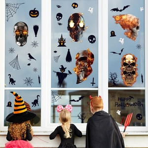 Halloween static window stickers set featuring skulls, pumpkins, and ghosts for home decor