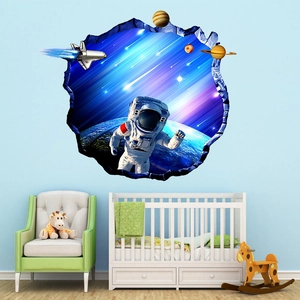3D outer space wall sticker with astronaut and planets for kids room decor