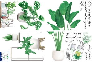 Adesivi murali con piante verdi in vaso, foglie di monstera e eleganti cesti appesi