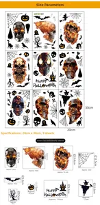 Detailed size chart for 9-sheet Halloween static window stickers with skulls and pumpkins