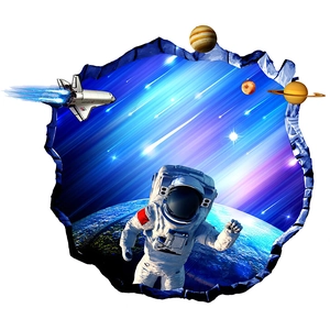3D outer space wall sticker with astronaut and planets bursting through a broken wall effect