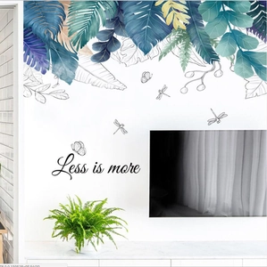Fresh tropical palm leaves wall stickers with 'Less is more' text for home decor
