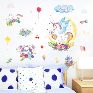 Cartoon unicorn on moon and cat wall stickers in watercolor style for kids room decor
