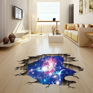 Detailed view of 3D universe wall sticker with outer space visual through floor cracks