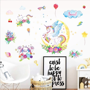 Dreamy watercolor unicorn and cat wall stickers with rainbow moon for nursery room decor