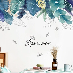 Tropical green leaf wall stickers with monstera leaves and Less is more lettering