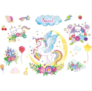 Cartoon unicorn moon and stars wall sticker for kids bedroom decor in macaron colors