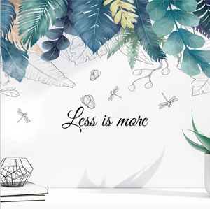 Tropical green leaf wall stickers with insects and Less is more text for home decor