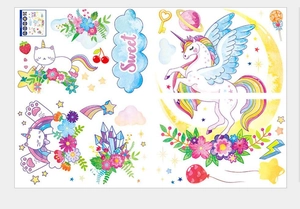Flat lay of cartoon unicorn and moon cat stickers in pastel colors for kids' rooms