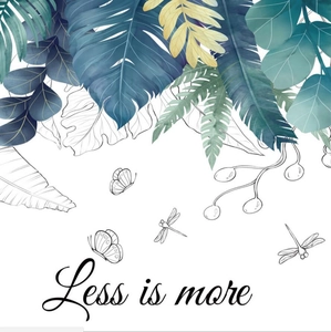 Tropical green leaf wall sticker featuring butterfly motifs and Less is more slogan