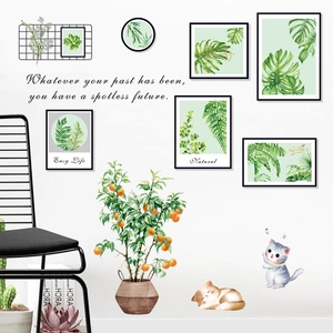 Minimalist wall stickers set with green plants, cartoon cats and motivational quotes