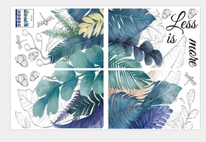 Detail of tropical plant wall stickers with dragonfly motifs and Less is More text