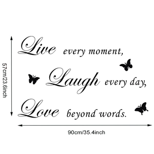 Detailed dimensions of Live Love Laugh butterfly wall decal showing 57x90cm size specifications