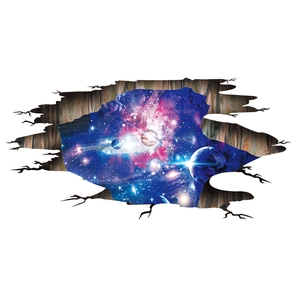 3D outer space galaxy and planets wall sticker with wood crack effect for room decor