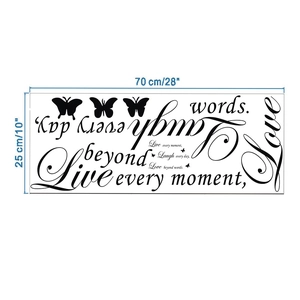 Detail showing Live Love Laugh butterfly wall decal layout and 70x25cm dimensions